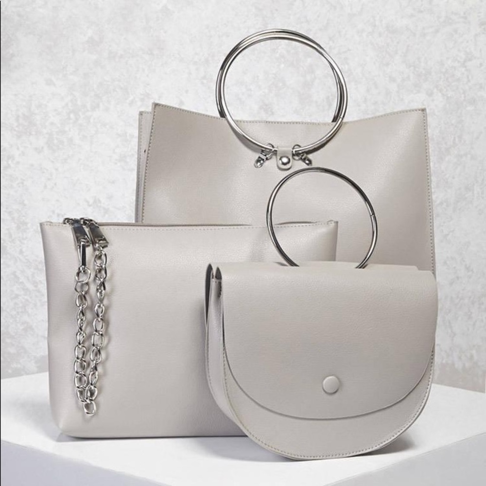 New Grey metal ring leather bags, ALL 3 Pieces